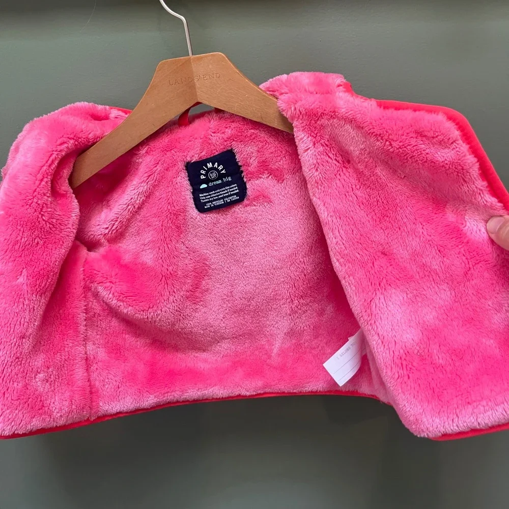 Primary Kids Neon Pink Quilted Faux Fur Lined Hooded Puffer Jacket 6-12 Months